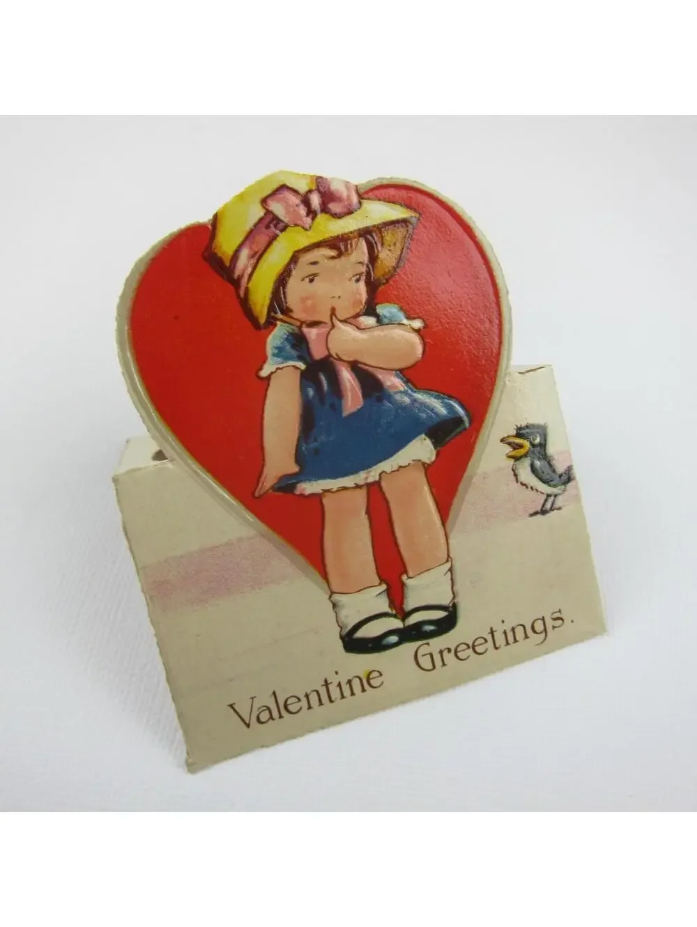 Vintage Valentine Card Cutout Stand Up Girl Straw Hat Blue Dress Bird UNSIGNED
